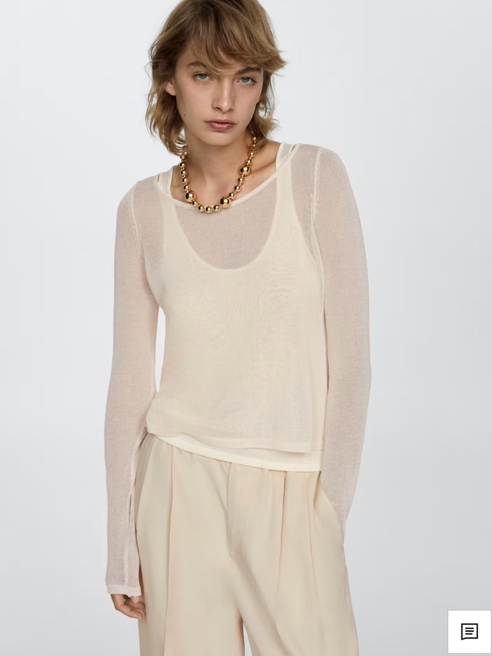 Mango Beige Sheer Long-Sleeve Scoop Neck Top